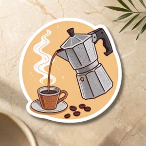 Può includere: Adesivo con un'illustrazione a cartoni animati di una caffettiera argentata che versa caffè in una tazza marrone su un piattino. Il vapore sale dalla tazza e i chicchi di caffè sono sparsi. Lo sfondo è un cerchio arancione chiaro.