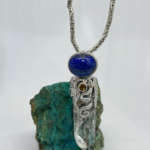 Handmade S950 Silver Necklace with Quarz Crystal, Lapislazuli, Citrin