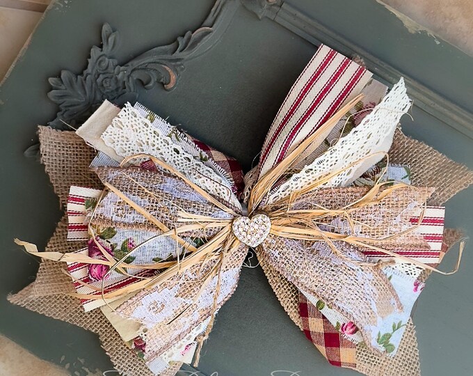 Farmhouse Burlap Rag Bow: Rustic Ticking Stripe Wreath Decor - Etsy