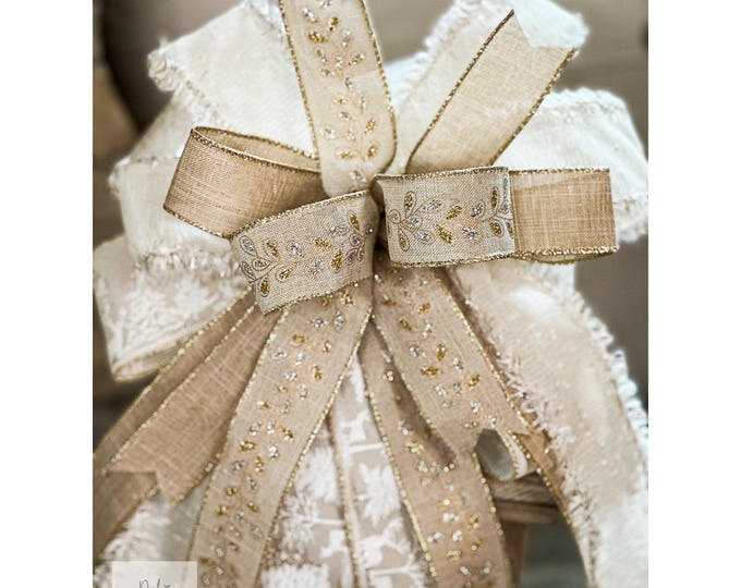 Neutral Tree Topper Neutral Christmas Tree Topper Bow: Elegant Gold, Silver, & White Decor ...