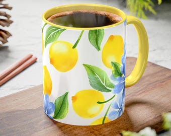 Lemon Mug Blue Flowers Watercolor Coffee Cup with Yellow Light Green Cambridge Blue Green or Blue Handle Accent Bright Kitchen Decor 2 Sizes