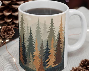Im Freien Kaffeetassen Berge und Bäume Kaffeetasse Geschenk Wald Kiefer Baum Muster Becher Waldbäume Neutrale Farbe Keramikbecher