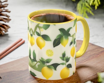 Coffee Cup Lemon Print Coffee Mug Gift for Mom Lemon Lover Gift Drinkware Green Yellow Accent Gift for Friends Kitchen Decor 11oz 15oz