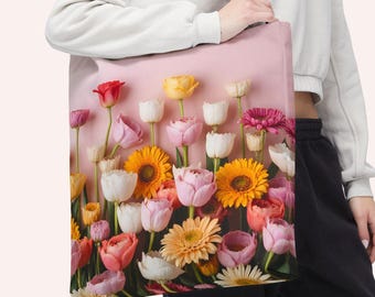 Floral Tote Bag with Pink Background Stylish Flower Print Bag in 3 Sizes with Color Handles Gift for Her Book Bag Grocery or Travel Tote