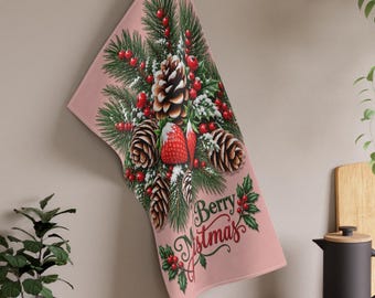 Strawberry Christmas Tea Towel Pink Christmas Kitchen Towel Merry Berry Christmas Decor Pinecone Berry Holiday Kitchen