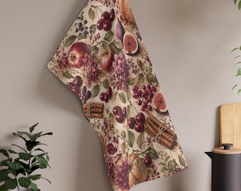 Fall Kitchen Towel Autumn Harvest Tea Towel Vintage Fruit Floral Kitchen Decor Pumpkin Apple Cherry Fig Towel