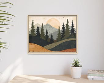 Mountain Landscape Framed Canvas Wall Art Rustic Cabin Decor Forest Sunset Wall Decor Nature Artwork Lodge Home Gift
