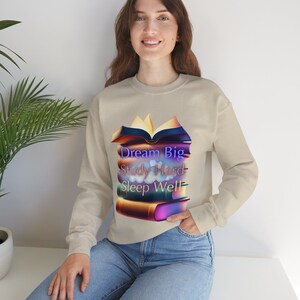 Back-To-School Crewneck Sweat Shirt Academic Inspiration College Student Gift Book Loving Dreamy Design with Clouds Highschool Student gifts