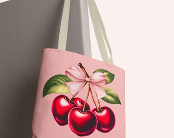 Torba typu tote z wiśniami i różową kokardką Coquette Pinkbow Cherries Wielorazowa torba na zakupy Torba na targowisko farmerskie Ekologiczna torba na zakupy Prezent dla niej