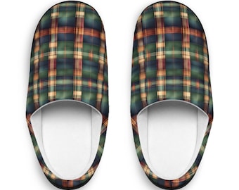 Men&#39;s IndoorSlippers Tartan Plaid Mensslippers Anti-Skid Rubber Sole IndoorSlippers Forest Green Cozy Houseshoes GoldenBrown Men&#39;sgift