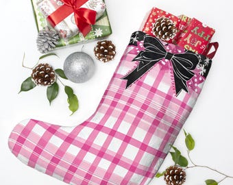 Christmas Pink Plaid Stocking With Bow And Snowflakes Festive Holiday Decor Cute Gift Holder Cozy Winter Home Accent For Her Aesthetic Xmas
