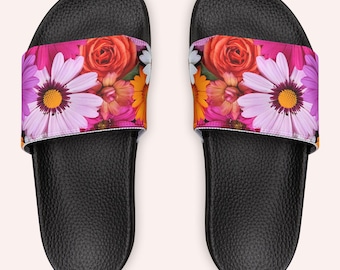 Floral Slide Sandals for Women Pink Orange Flower Print Summer Beach Shoes Comfortable Vacation Footwear Stylish Pool Slides Sandal Gifte