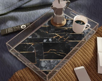 Black Gold Marble Acrylic Serving Tray Modern Decorative Tray Coffee Table Ottoman Tray Vanity Organizer Home Decor Office Decor