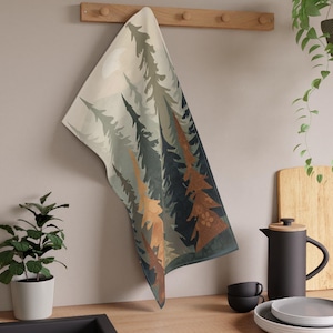 Rustic Forest Kitchen Towel Woodland Pine Trees Tea Towel Mountain Landscape Dish Towel Cabin Kitchen Decor Nature Inspired Linen