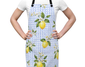 Blue Gingham Lemon Apron Lemon Blossom Kitchen Apron Cottage Kitchen Apron Farmhouse Cooking Apron Housewarming Gift