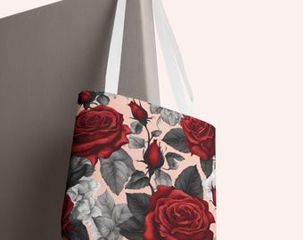 Rode roos draagtas toile-patroon bloemen draagtas rozenliefhebbers begaafde tas herbruikbare draagtas grote capaciteit tas dagelijks gebruik drie maten