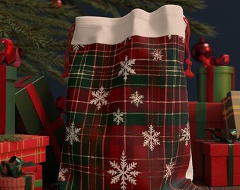 Borsa regalo natalizia a quadri con fiocchi di neve, borsa per le feste, sacchetto per le celebrazioni invernali, carta da regalo, imballaggio riutilizzabile per le feste
