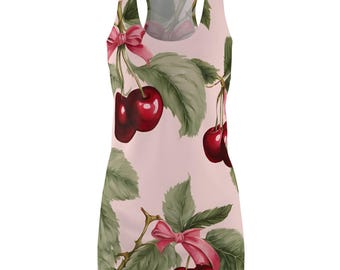May include: Racerback dress featuring a pink backdrop adorned with cherries, green leaves, and pink bows. The sleeveless design and fitted shape make it suitable for warmer climates. The dress is a summer wardrobe staple.