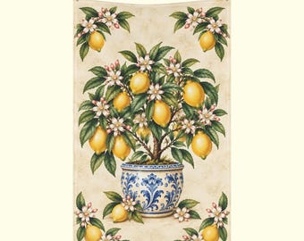 Lemon Tree Tea Towel Italian Kitchen Decor Botanical Lemon Kitchen Towel Blue And White Citrus Decor