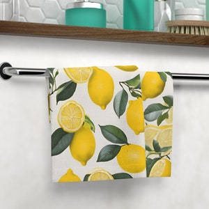 FaceTowel Kitchen Towel Lemon Toile Pattern Home Decor, Yellow Citrus Tea Towel, Fruit Lover Gift, Farmhouse Dish Cloth, Floral Hand Towel