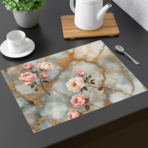 Vintage Pink Rose Marble Placemat Floral Table Decor Elegant Cottage Style Dining Mat Romantic Kitchen Accessory