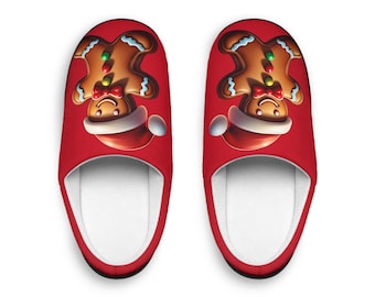 Women&#39;s Slippers Christmas Giftfor Her Red HouseSlipper with GingerbreadMan Design Holiday Indoor Shoes Cozy Footwear Santa Hat Slipper
