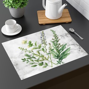 Botanical Herb Placemat with Watercolor Greens on White Marble Background Farmhouse Kitchen Table Decor Nature Inspired Dining Mat