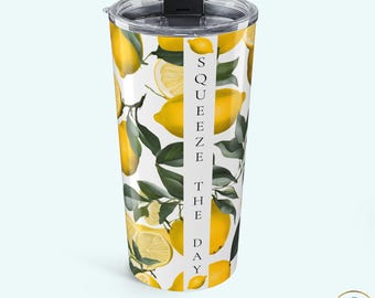 Lemon Tumbler 20 oz Insulated Stainless Steel Travel Mug Botanical Citrus Coffee Cup Squeeze The Day Kitchen Gift