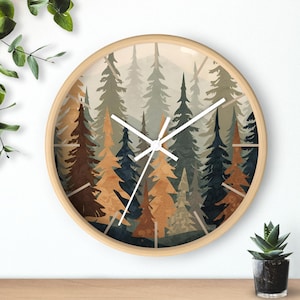 Forest Landscape Wall Clock Pine Tree Wall Clock Mountain Nature Clock Rustic Cabin Decor Woodland Wall Clock Neutral Home Decor