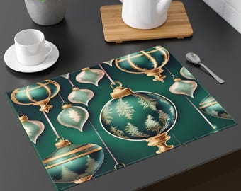Green Vintage Christmas Ornaments Placemat Holiday Table Decor Festive Dining Mat Winter Kitchen Accent Gift Idea