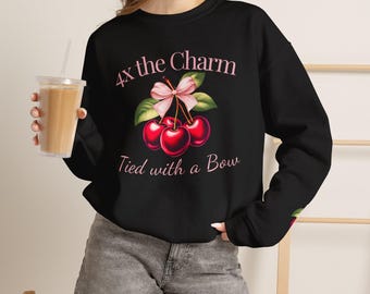 Coquette Cherry Sweatshirt Pink Bow Cherry Sweatshirt Cute Cherry Crewneck Four Times the Charm Cottagecore Sweatshirt Gift for Her