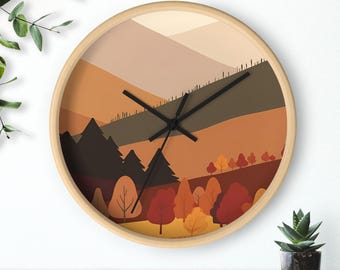 Autumn Mountain Wall Clock Fall Landscape Clock Rustic Cabin Decor Scenic Forest Clock Lodge Wall Decor Nature Lover Gift