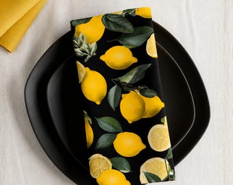 Black French Lemon Toile Cloth Napkins Set of 4 Reusable Citrus Dinner Napkins Farmhouse Table Decor Summer Tablescape Gift Washable