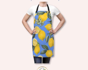 Cornflower Blue Lemon Apron Farmhouse Kitchen Apron Yellow Citrus Apron Lemon Lover Gift French Country Kitchen Decor Housewarming Gift