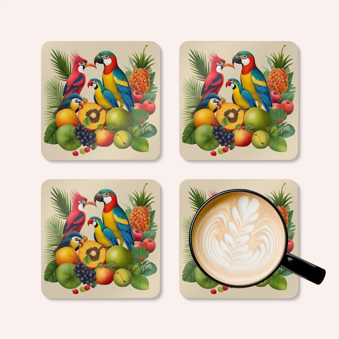 Tropical Bird Coaster Set Colorful Parrots & Fruit Cork Coasters Boho ...