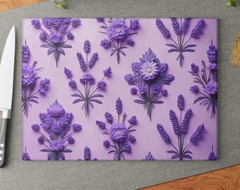 Tagliere in vetro con fiori di lavanda, decorazione da cucina con fiori viola, tagliere botanico per piano di lavoro, regalo per cucinare in casa, stile cottagecore primaverile
