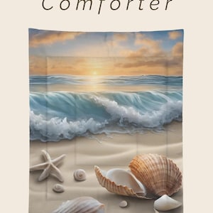 Ocean Breeze Beach Comforter Coastal Bedding with Seashells & Waves Tranquil Ocean Sunset Quilt Nautical Bedroom Décor Beach Lover Gifte