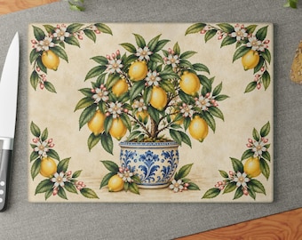 Lemon Tree Glass Cutting Board Citrus Kitchen Decor Italian Kitchen Decor Botanical Lemon Kitchen Blue And White Decor