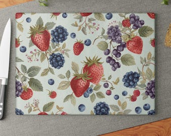Mixed Berry Glass Cutting Board Strawberry Blueberry Blackberry Kitchen Decor Botanical Serving Board Housewarming Gift