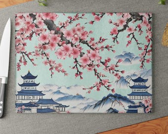Cherry Blossom Glass Cutting Board Japanese Pagoda Kitchen Decor Pink Floral Botanical Housewarming Gift