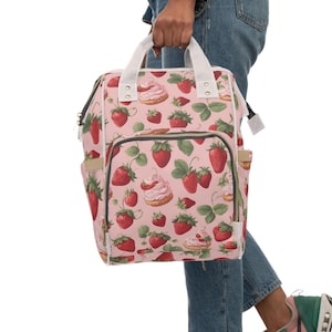 Wielofunkcyjny plecak na pieluchy Strawberryshortcake Design Toile Wzór na pieluchy Plecak na pieluchy Prezent dla nowej mamy Truskawkowy inspirowany Babybag