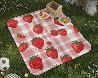 Pink Strawberry Picnic Blanket Gingham Outdoor Blanket Cottagecore Picnic Mat Summer Park Beach Blanket Strawberry Lover Gift