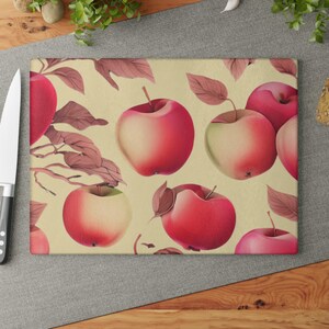 Apple Print Glass Cutting Board Fall Kitchen Apple Decor Warm Beige Autumn Cooking Gift for Chefs Housewarming Gift for Fruit Lovers
