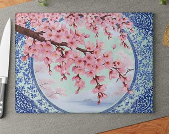 Cherry Blossom Glass Cutting Board Blue White Porcelain Kitchen Decor Pink Floral Botanical Housewarming Gift