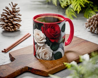 Red and White Rose Accent Mug Romantic Floral Coffee Cup Rose Kitchen Decor Ceramic Tea Mug Cottage Home Gift 11oz 15oz