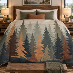 May include: A comforter featuring a printed forest landscape with stylized pine trees in shades of dark green, muted sage, and warm burnt orange. The design depicts a layered mountain scene with a soft beige sky, creating a nature-inspired pattern.