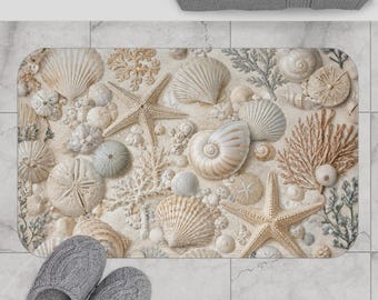 Seashell Bath Mat Coastal Bathroom Decor Beach Bathroom Rug Starfish Shells Beach House Decor