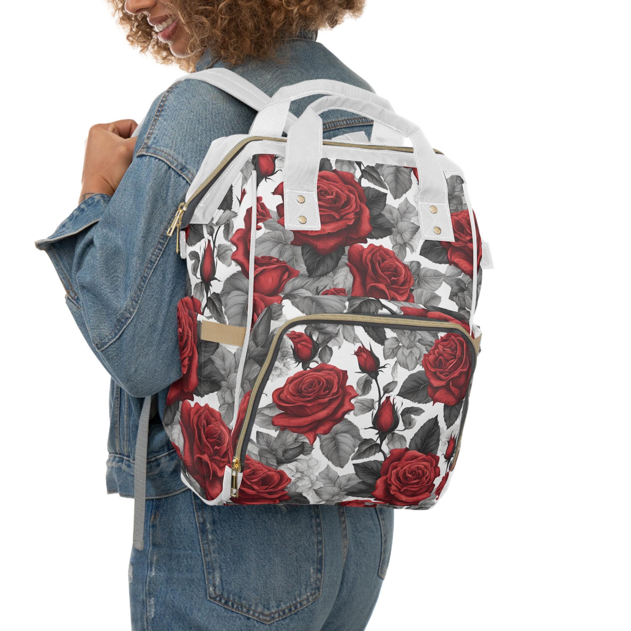 Red Roses Backpack Stylish Rose Print Diaper Backpack Baby Bag, Maternity Gift, Floral ...