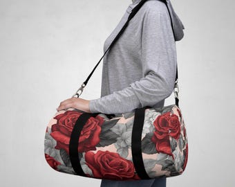 RedRose Romantic Floral Duffel Bag - Stylish Gym Bag, Weekend Travel Bag, Weekend Duffel BagGift, Elegant Sports Bag, Rose Pattern, Gym Tote