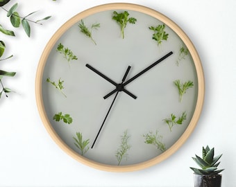 Wall Clock, Minimalist Herb-Inspired Style with Thyme, Basil, Parsley, Cilantro & More, Kitchen Wall Clock, Kitchen herb wall Decor